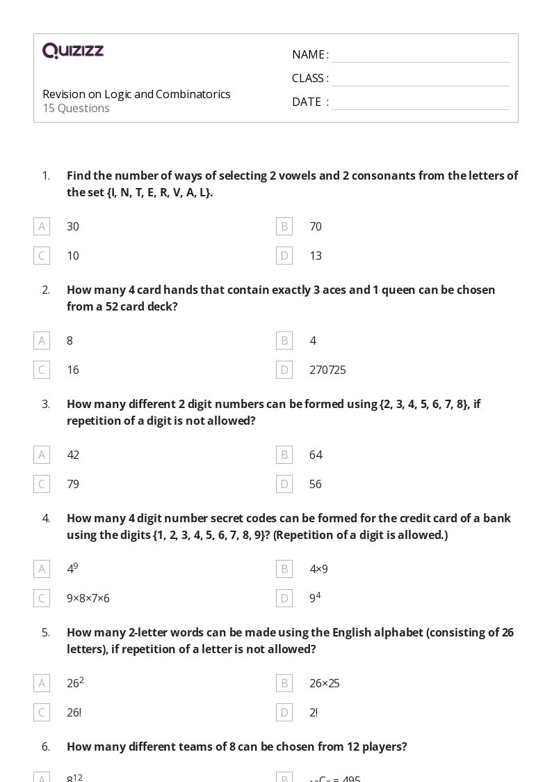 50+ probability & combinatorics worksheets for 11th class on quizizz