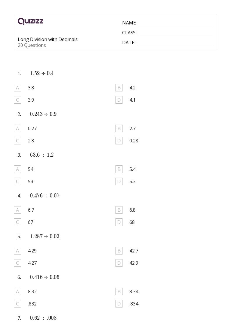 50+ long division worksheets for 7th grade on quizizz