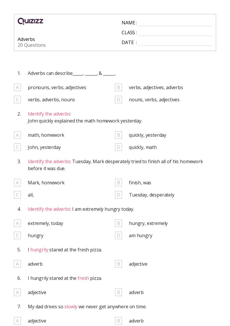 50+ adverbs worksheets for 1st class on quizizz