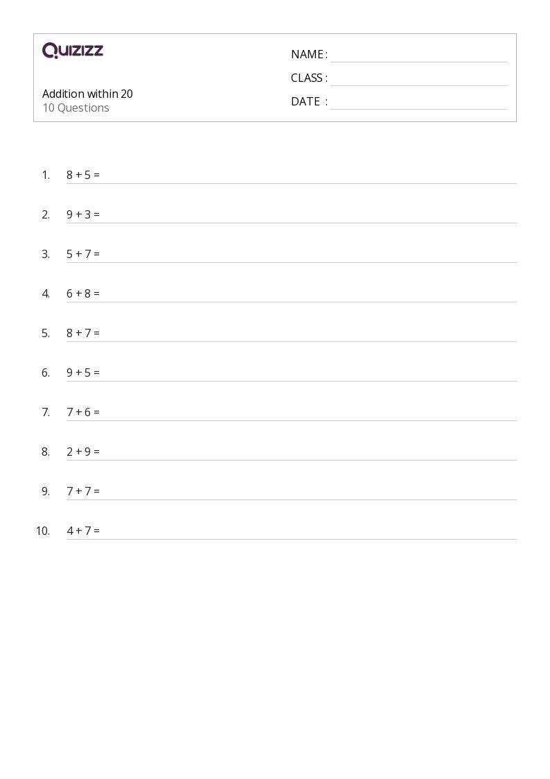 50+ addition within 20 worksheets for kindergarten on quizizz
