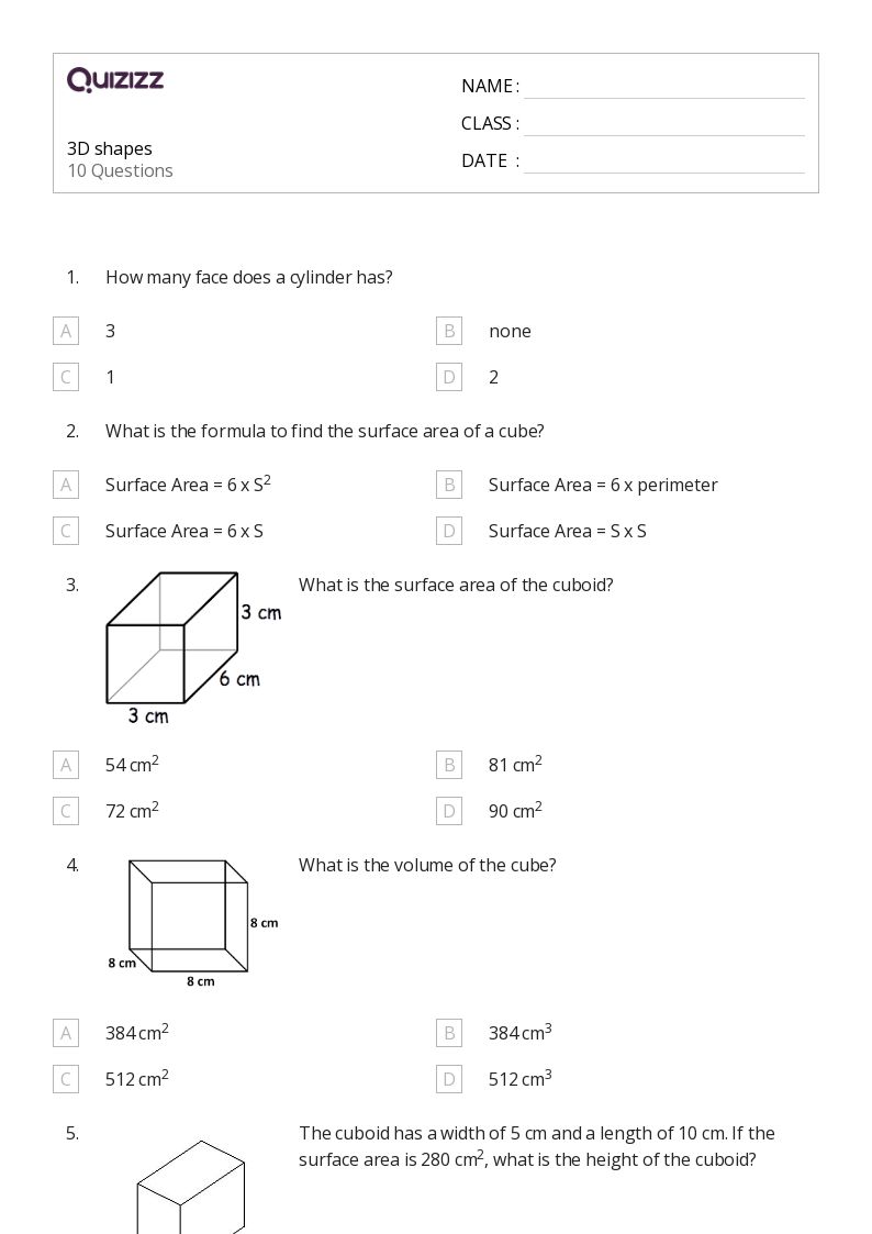 50+ 3d shapes worksheets for 5th class on quizizz