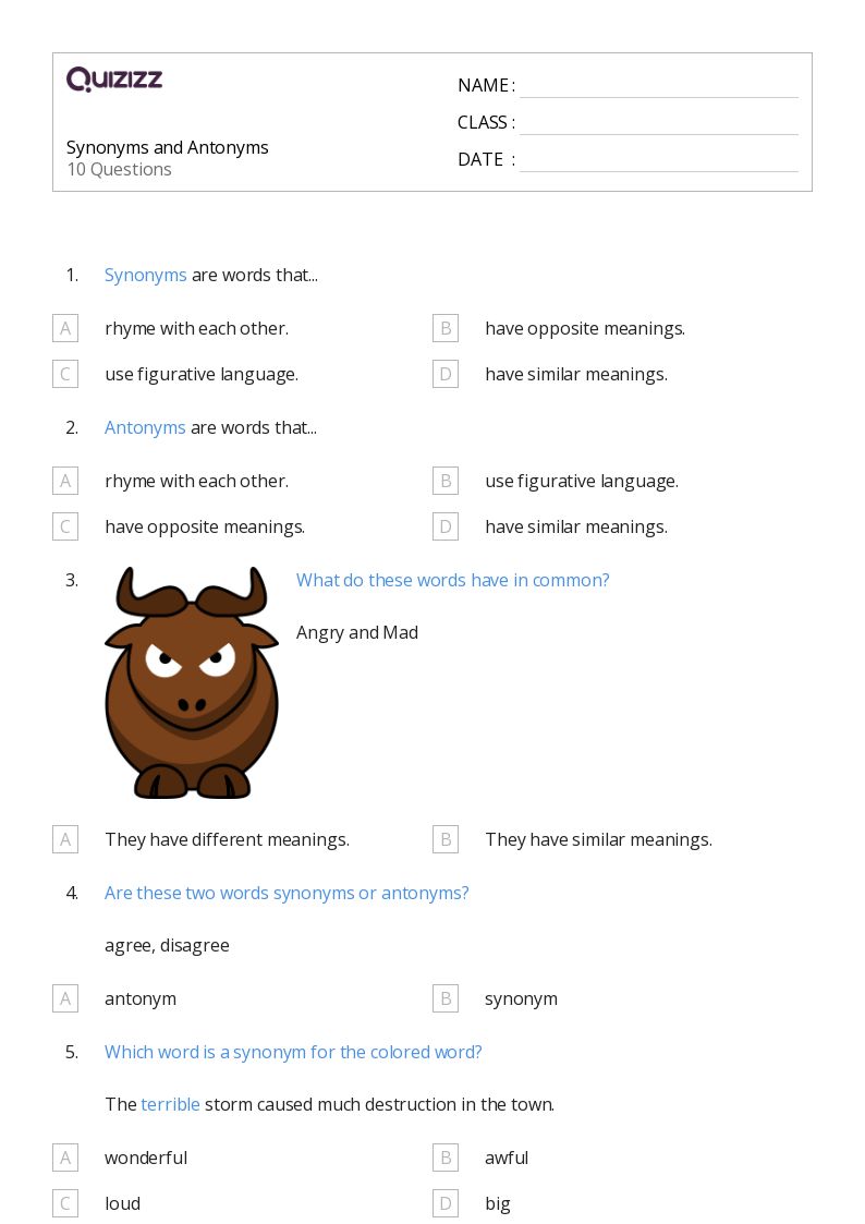 50+ synonyms and antonyms worksheets for 5th grade on quizizz