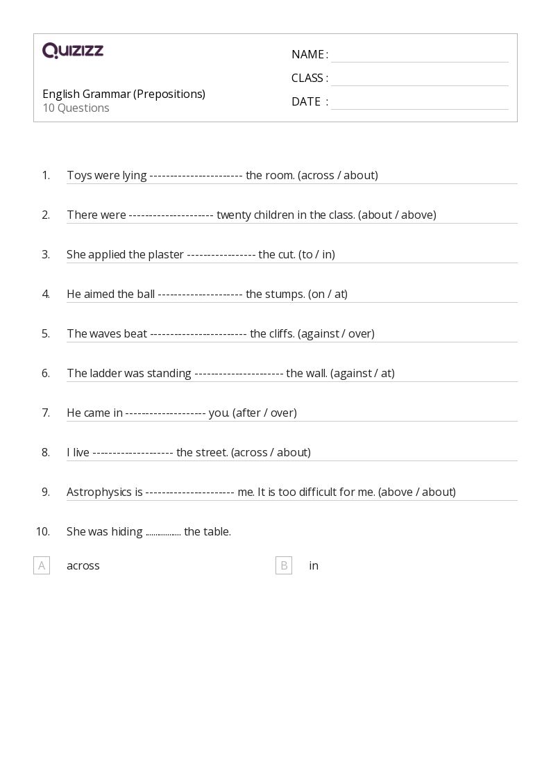 50+ prepositions worksheets for 8th class on quizizz