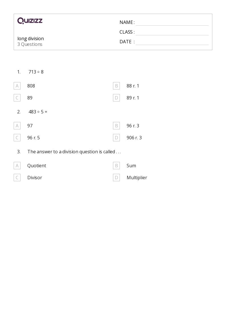 50+ long division worksheets for 8th year on quizizz