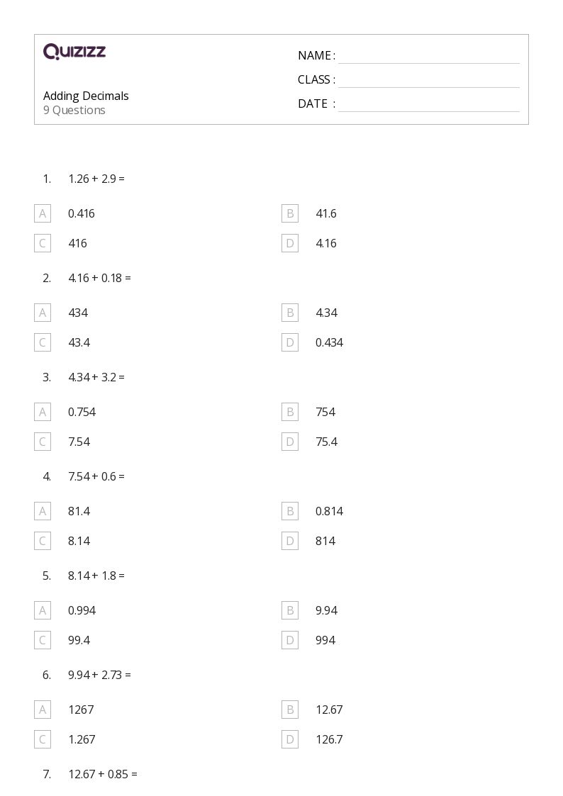 50+ adding decimals worksheets for 6th grade on quizizz