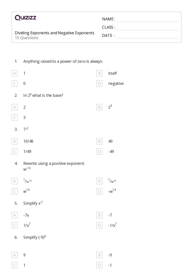 50+ exponents worksheets for 8th grade on quizizz