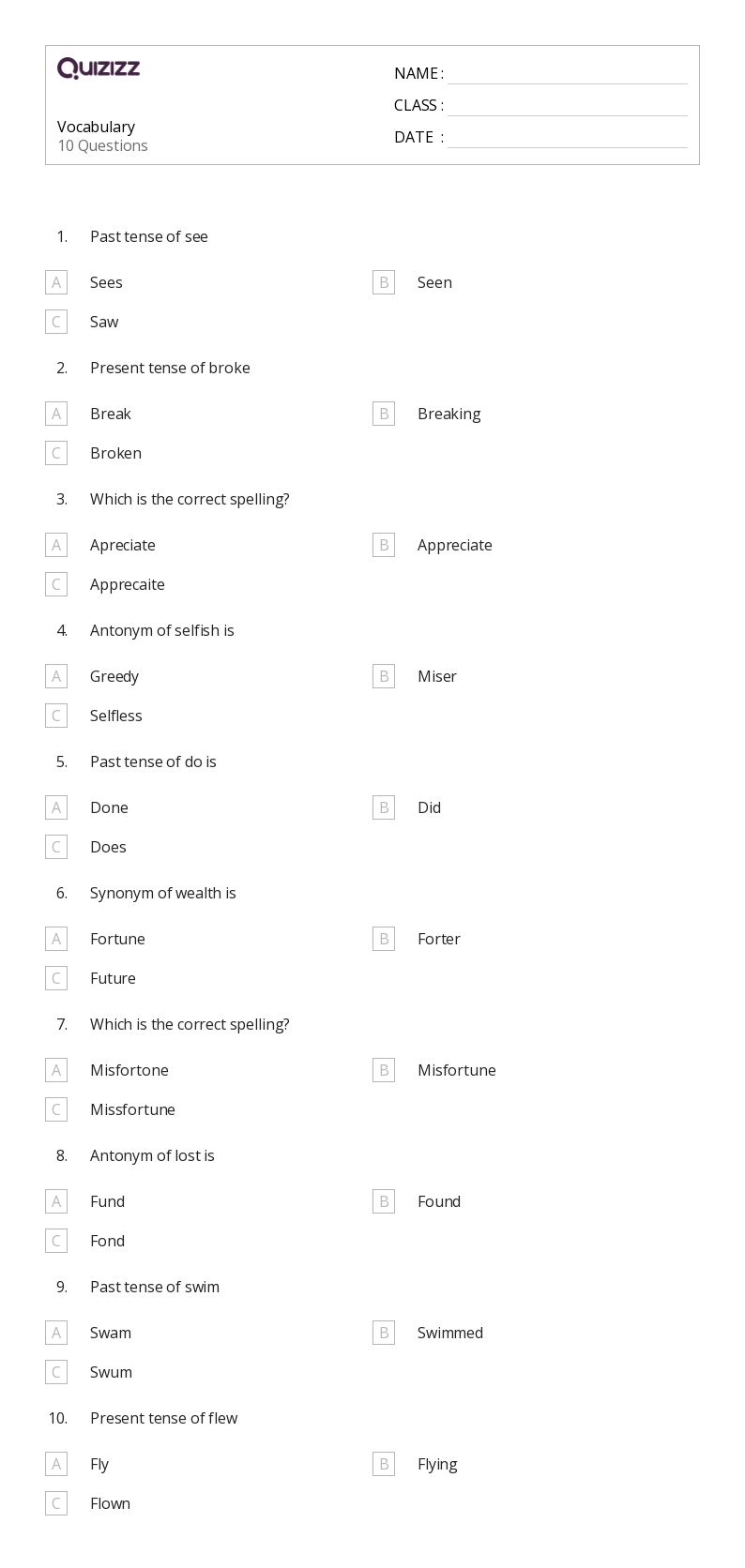 50+ vocabulary worksheets for 7th class on quizizz
