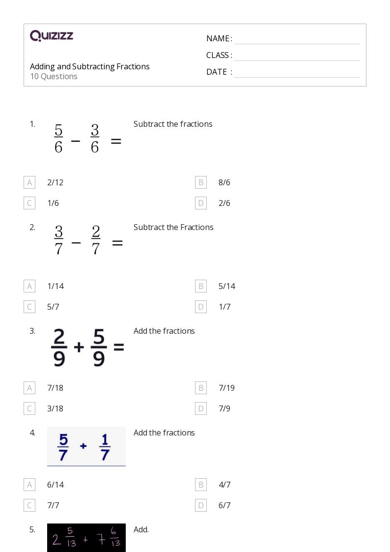 50+ adding and subtracting fractions worksheets for 4th grade on quizizz
