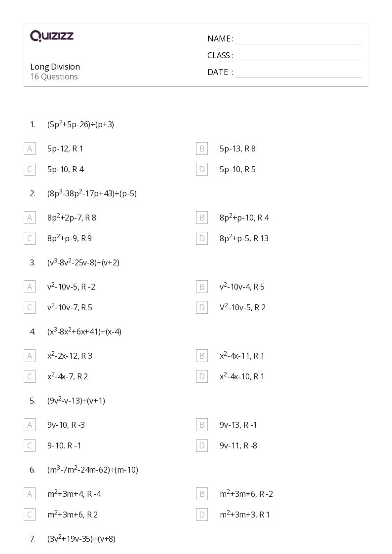 50+ long division worksheets for 8th grade on quizizz