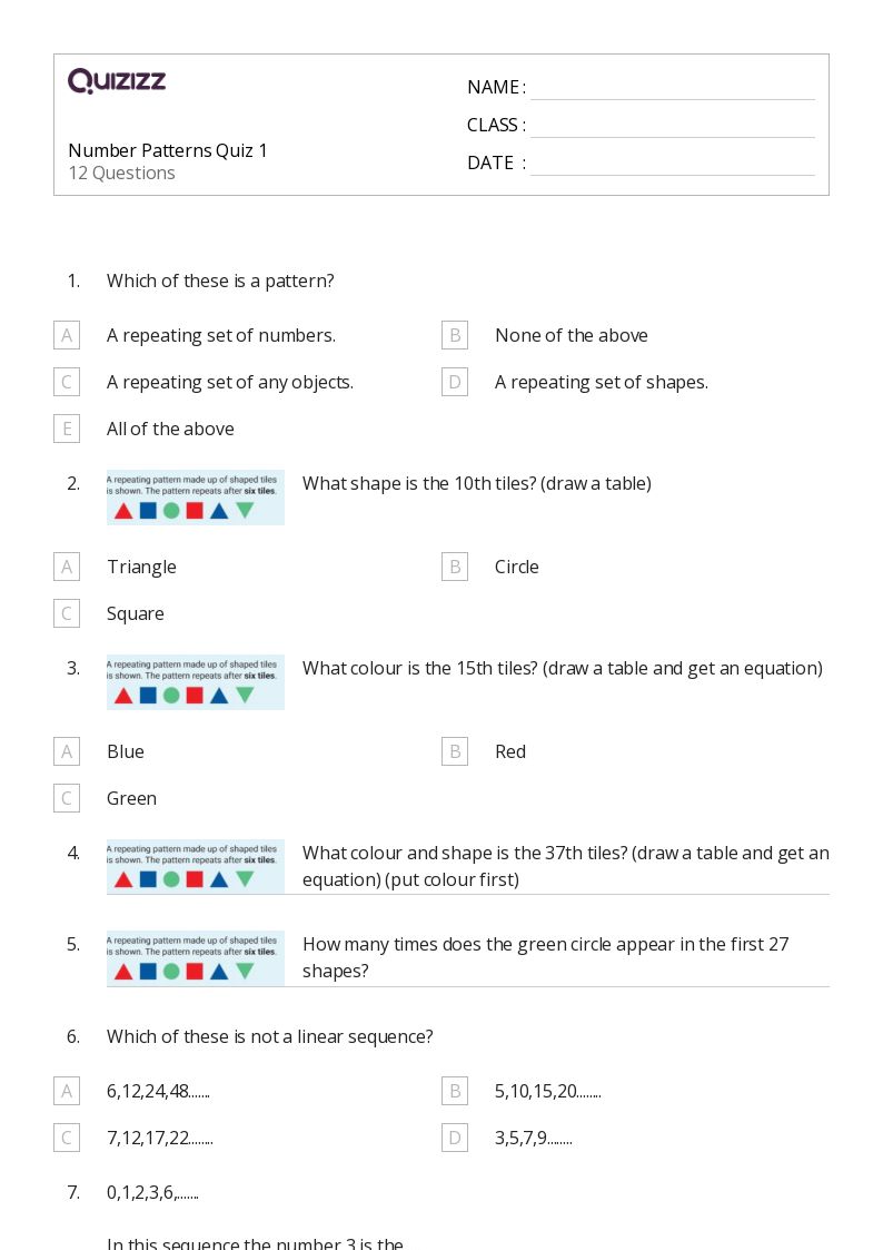50+ number patterns worksheets for 7th grade on quizizz