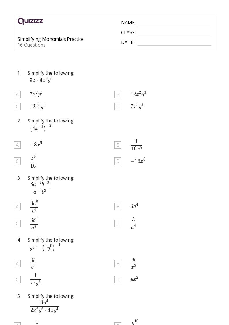50+ monomials operations worksheets on quizizz