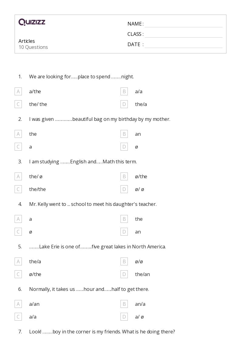 50+ articles worksheets for kindergarten on quizizz