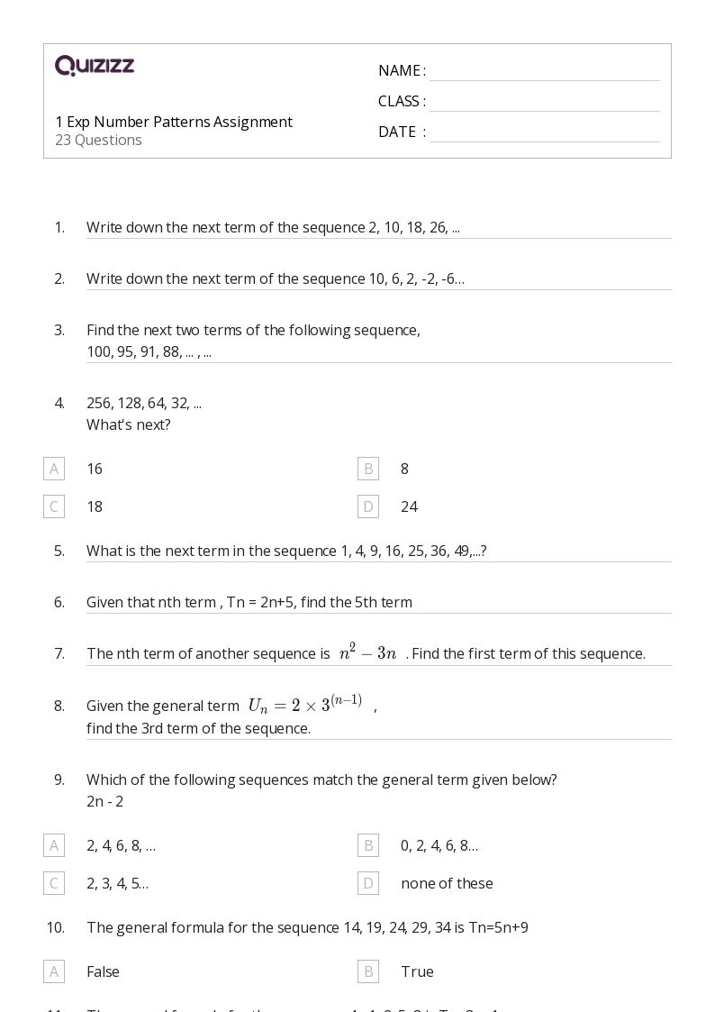 50+ number patterns worksheets for 7th grade on quizizz