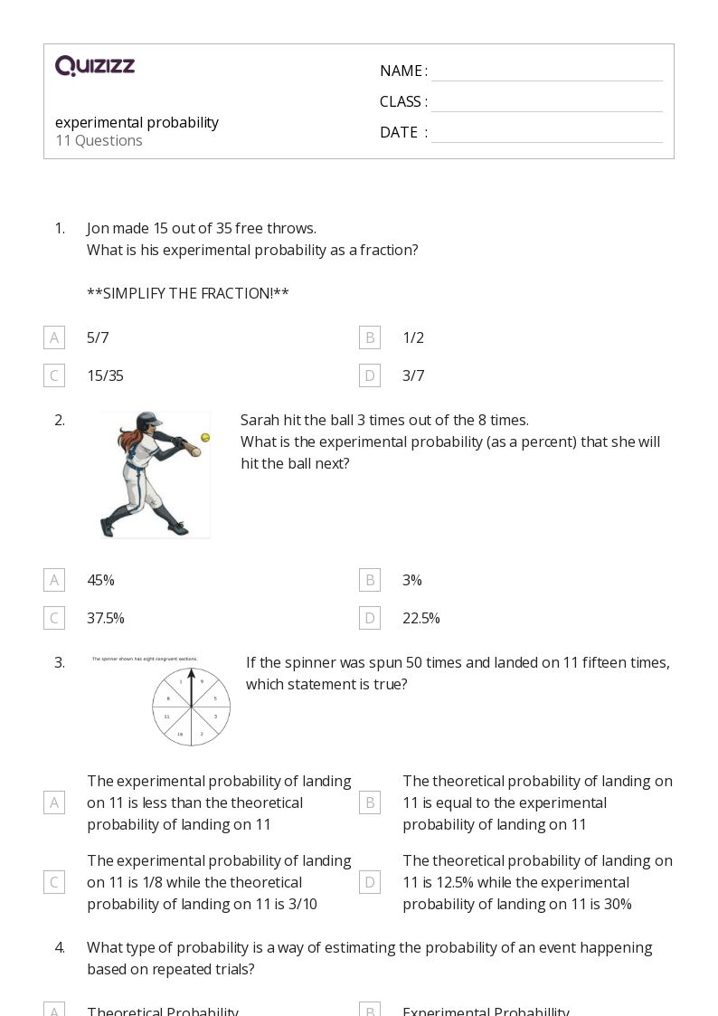 50+ experimental probability worksheets for 9th grade on quizizz