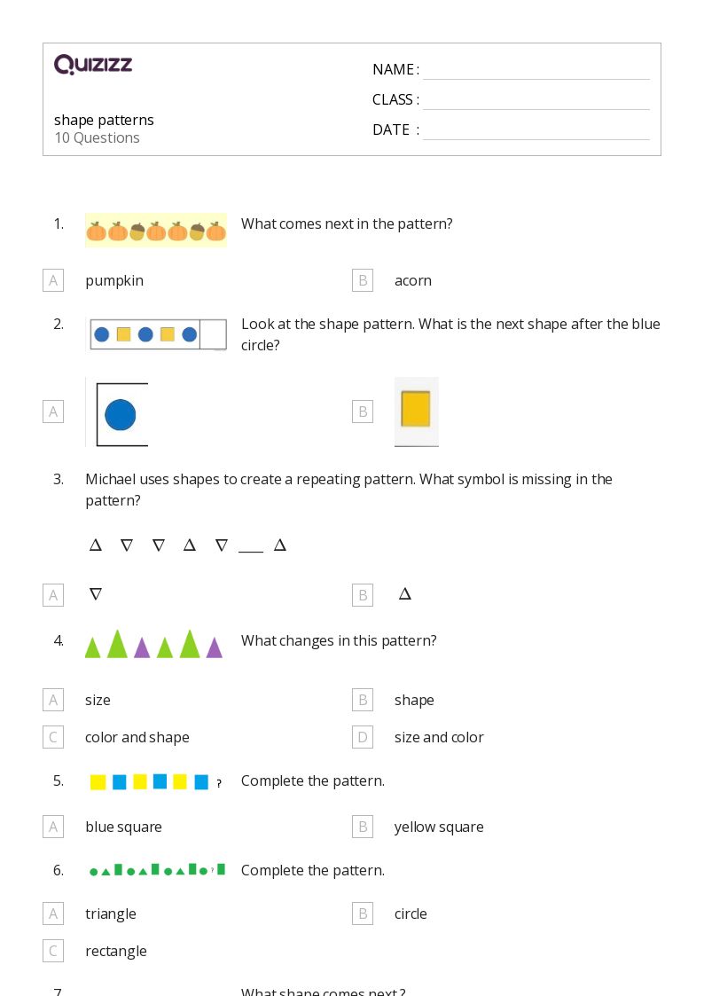 50+ shape patterns worksheets for 1st class on quizizz