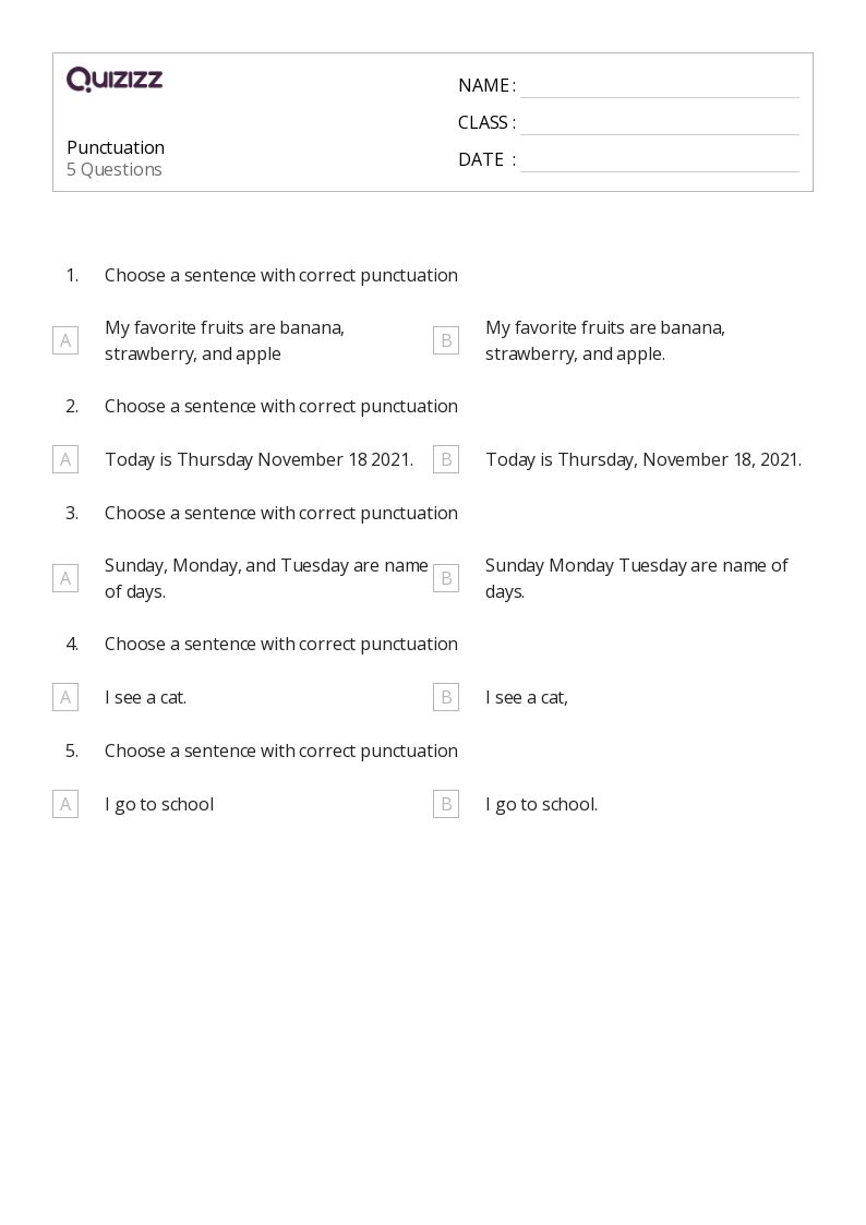 50+ punctuation worksheets for kindergarten on quizizz