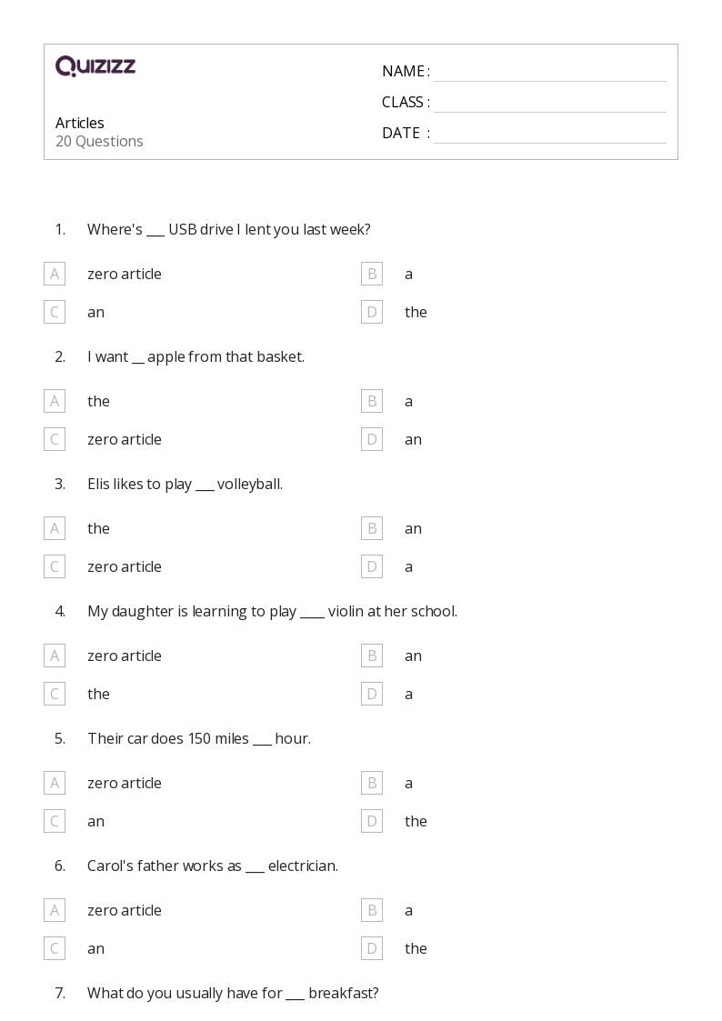 50+ articles worksheets for kindergarten on quizizz
