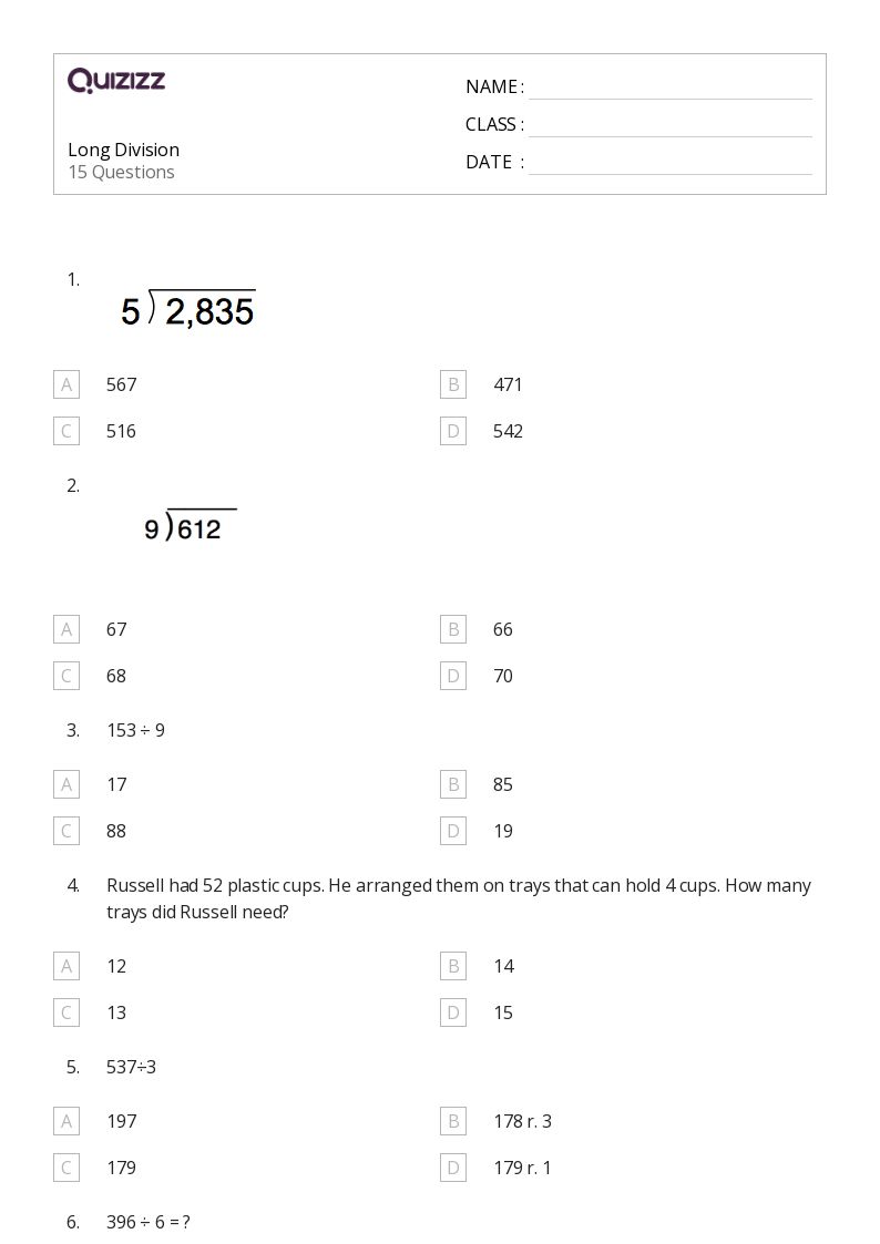 50+ long division worksheets for 7th grade on quizizz