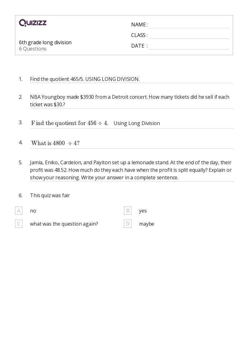 50+ long division worksheets for 8th grade on quizizz