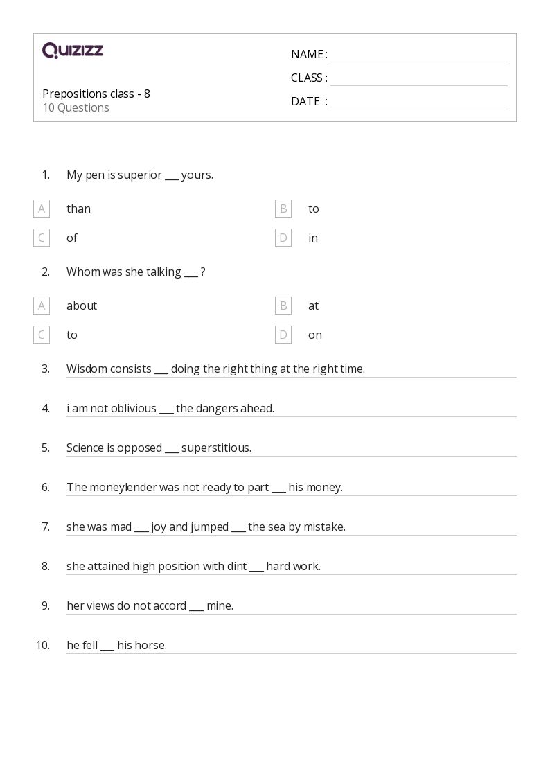 50+ prepositions worksheets for 8th class on quizizz