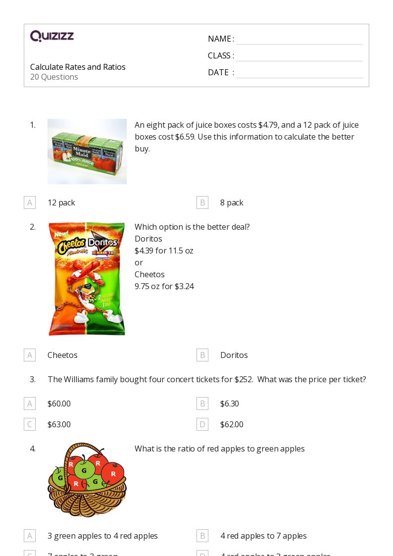 50+ percents, ratios, and rates worksheets on quizizz