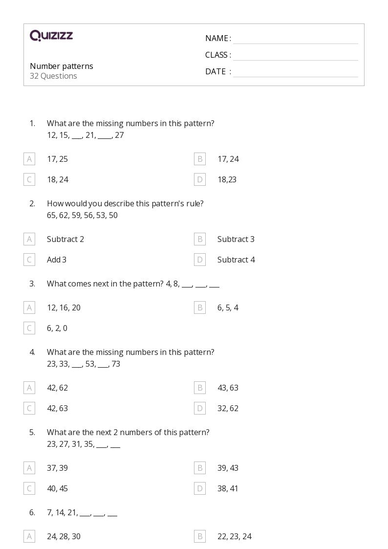 50+ number patterns worksheets for 7th grade on quizizz