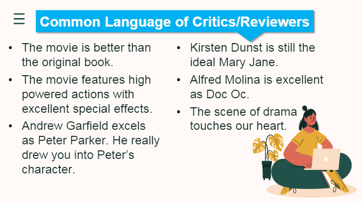 Unsur kebahasaan atau language feature dari review text yang nampak mendominasi adalah: Review Text English Quizizz