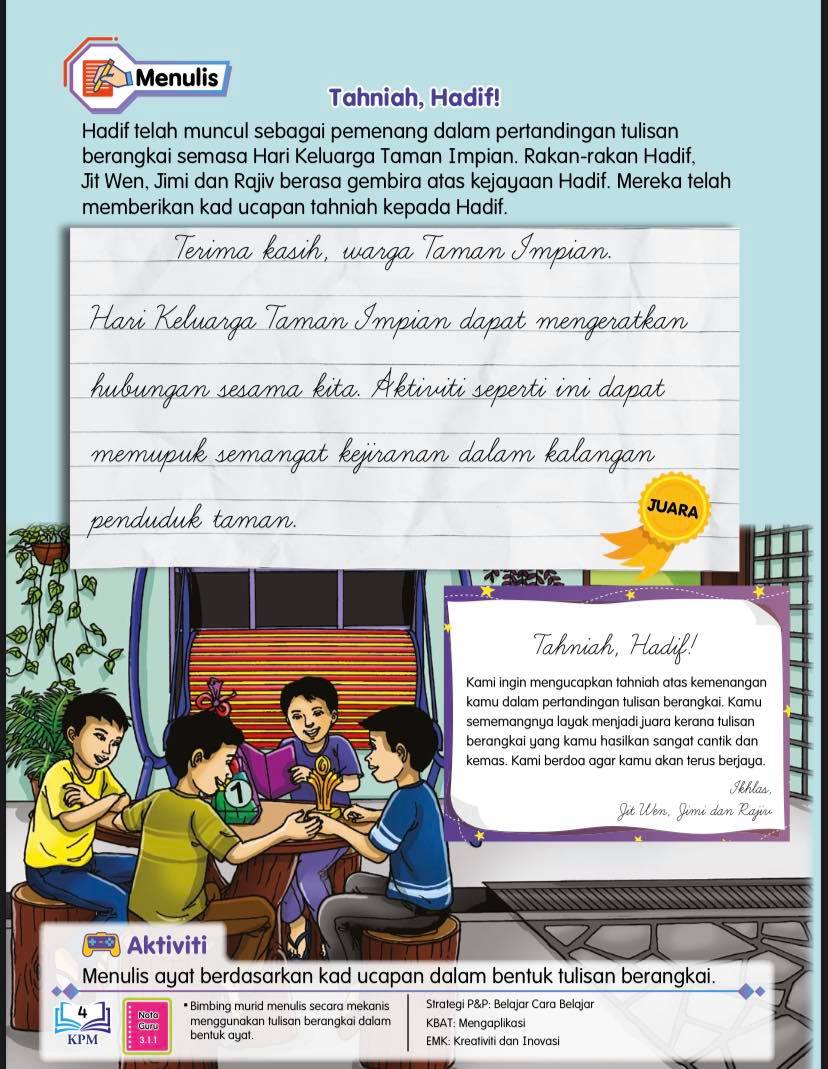 Kepada semua pelajar yang ingin belajar menulis tulisan berangkai boleh lihat contoh di bawah:. Tahun 4 Tahniah Hadif World Languages Quizizz