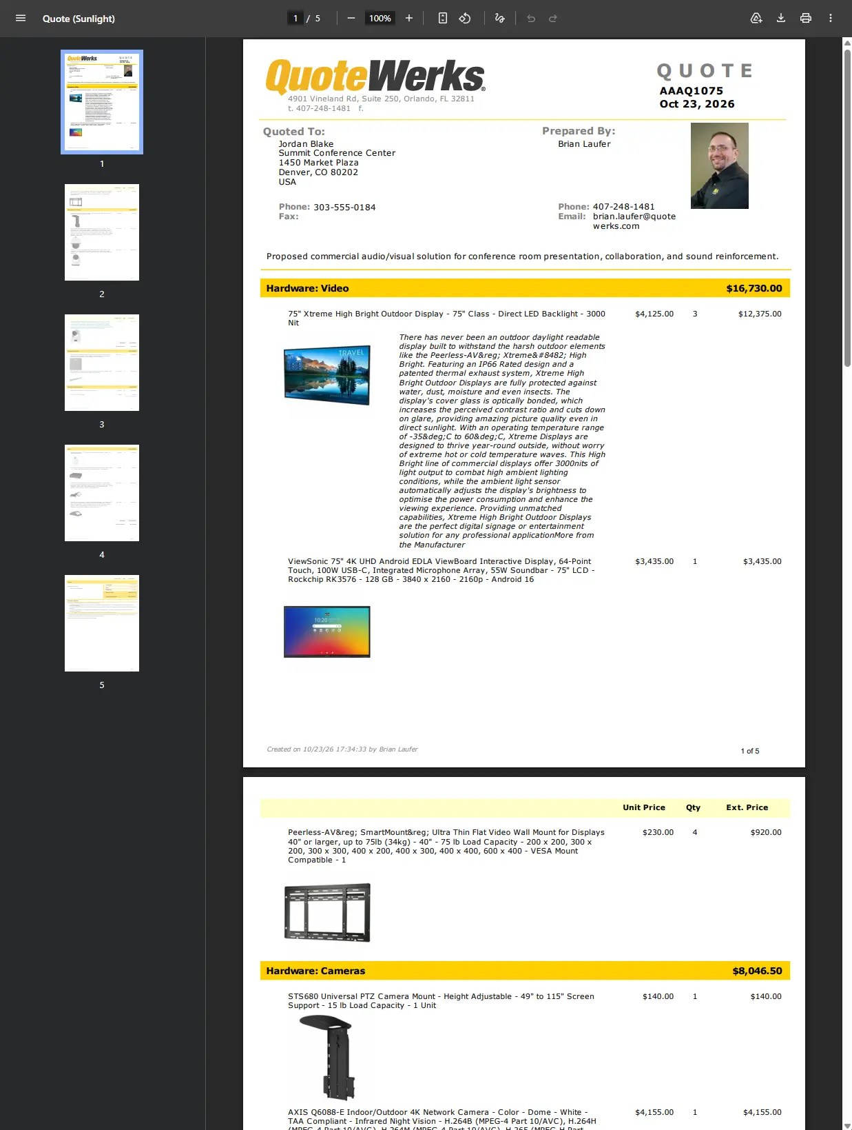 A professional sales quote for audio/visual hardware equipment.