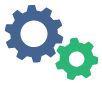 Blue and green interlocking gears graphic.