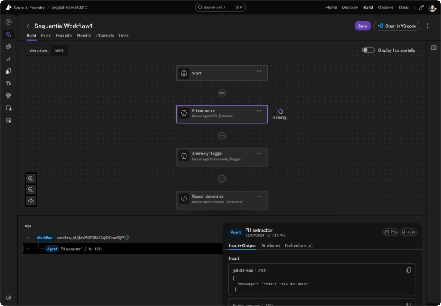 Azure AI Foundry interface displaying a sequential workflow.