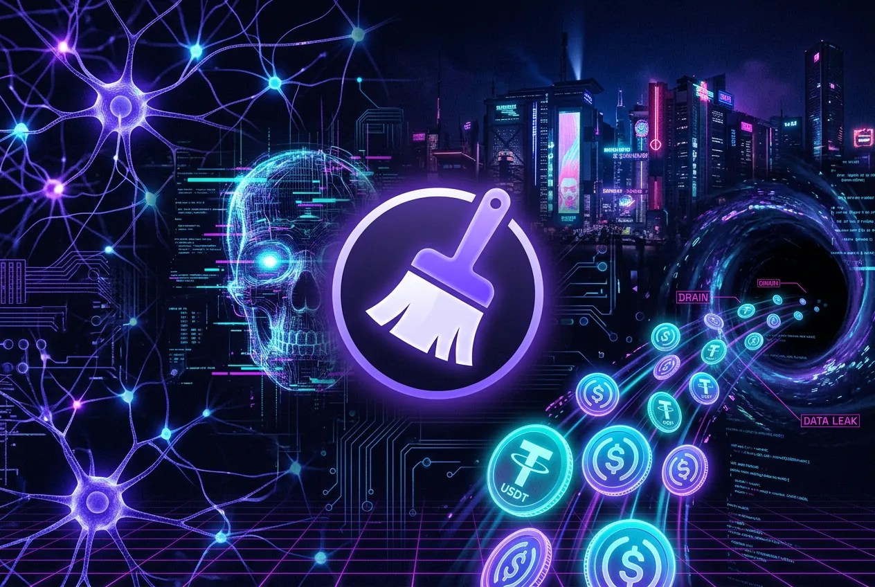 Malware cibernético oculto en una aplicación de limpieza para macOS robando criptomonedas bajo luces de neón violeta.