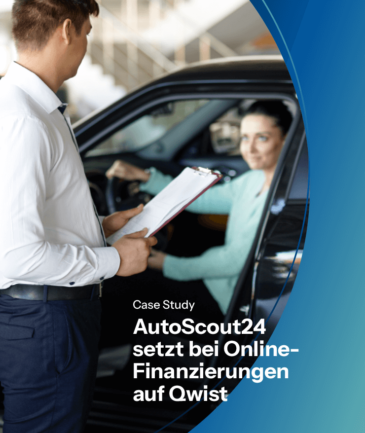 Titelbild der Fallstudie zur Partnerschaft zwischen AutoScout24 und Qwist im Bereich Online-Finanzierung. Ein Autokäufer interagiert mit einem Vertriebsmitarbeiter und hebt dabei die nahtlosen digitalen Finanzierungslösungen hervor.