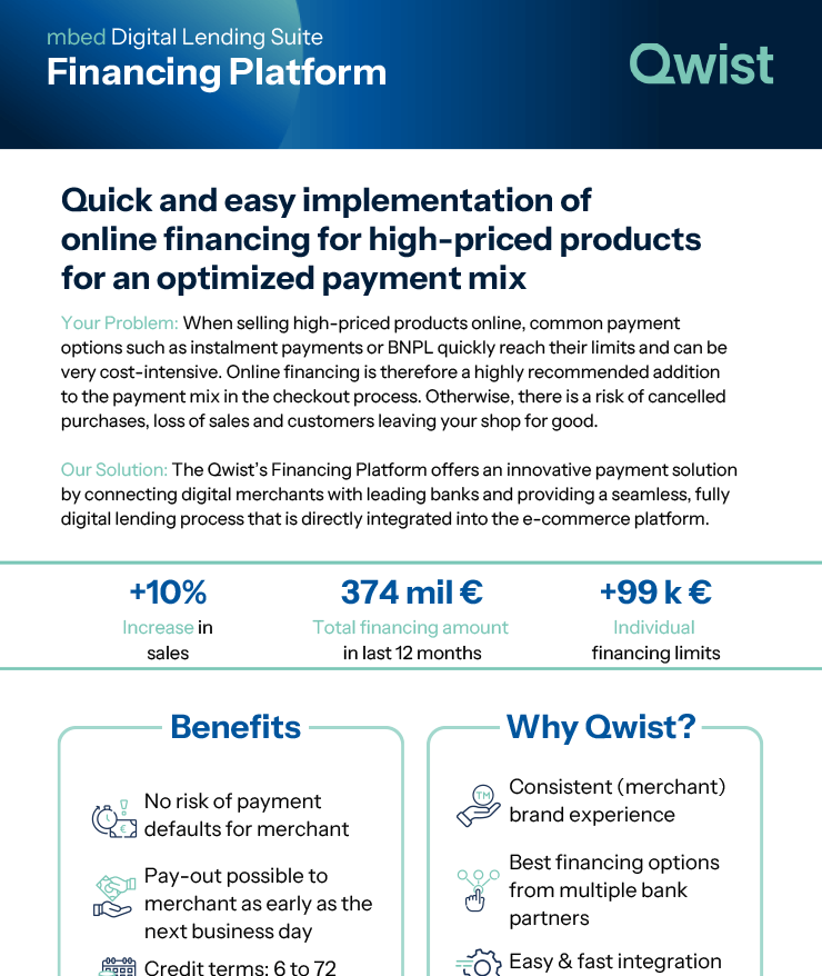 A product one-pager for Qwist's Digital Lending Suite Financing Platform, detailing the benefits of online financing for high-priced products.