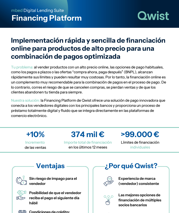 Un one-pager de producto para la plataforma de financiación Digital Lending Suite de Qwist, en el que se detallan las ventajas de la financiación en línea para productos de alto precio.