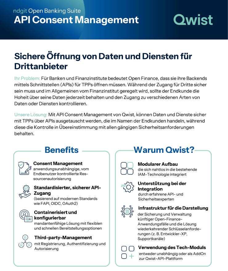 Cover von dem Produkt One-Pager "API Consent Management" von Qwist. Es werden knapp alle wichtigen Informationen zur Lösung dargestellt