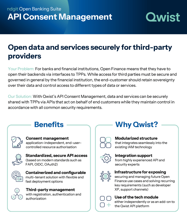 Cover of the product one-pager “API-Consent Management” from Qwist. All important information about the solution is summarized