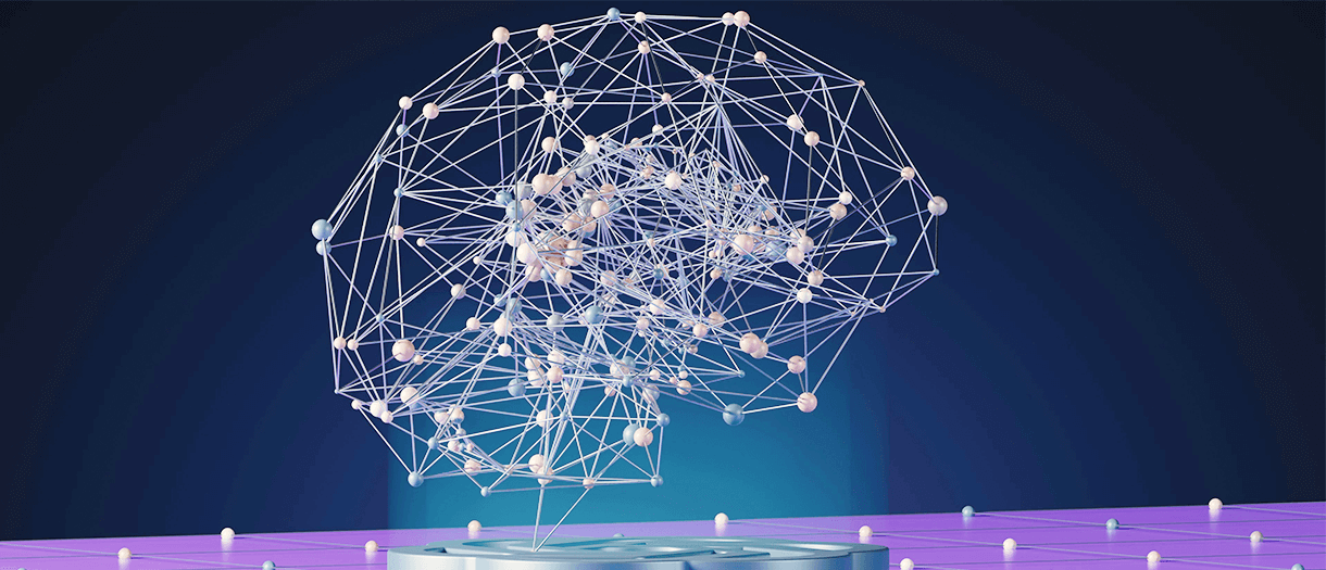 Abstract neural network structure in the shape of a brain, representing artificial intelligence and machine learning