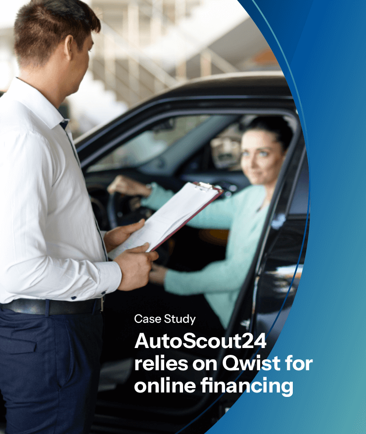 Case study cover image featuring AutoScout24's partnership with Qwist for online financing. A car buyer interacts with a sales representative, highlighting seamless digital financing solutions.