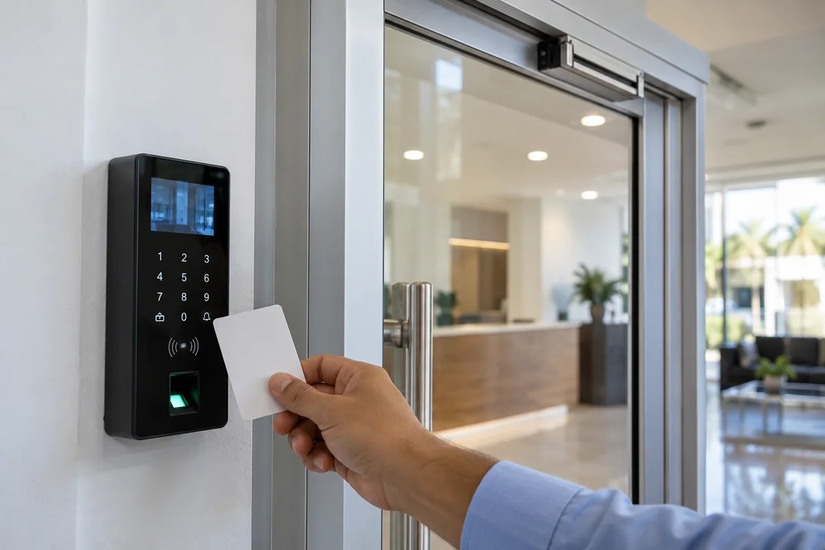 Ilustración de un control de acceso con teclado, lector de tarjeta y sensor de huella junto a una puerta de cristal