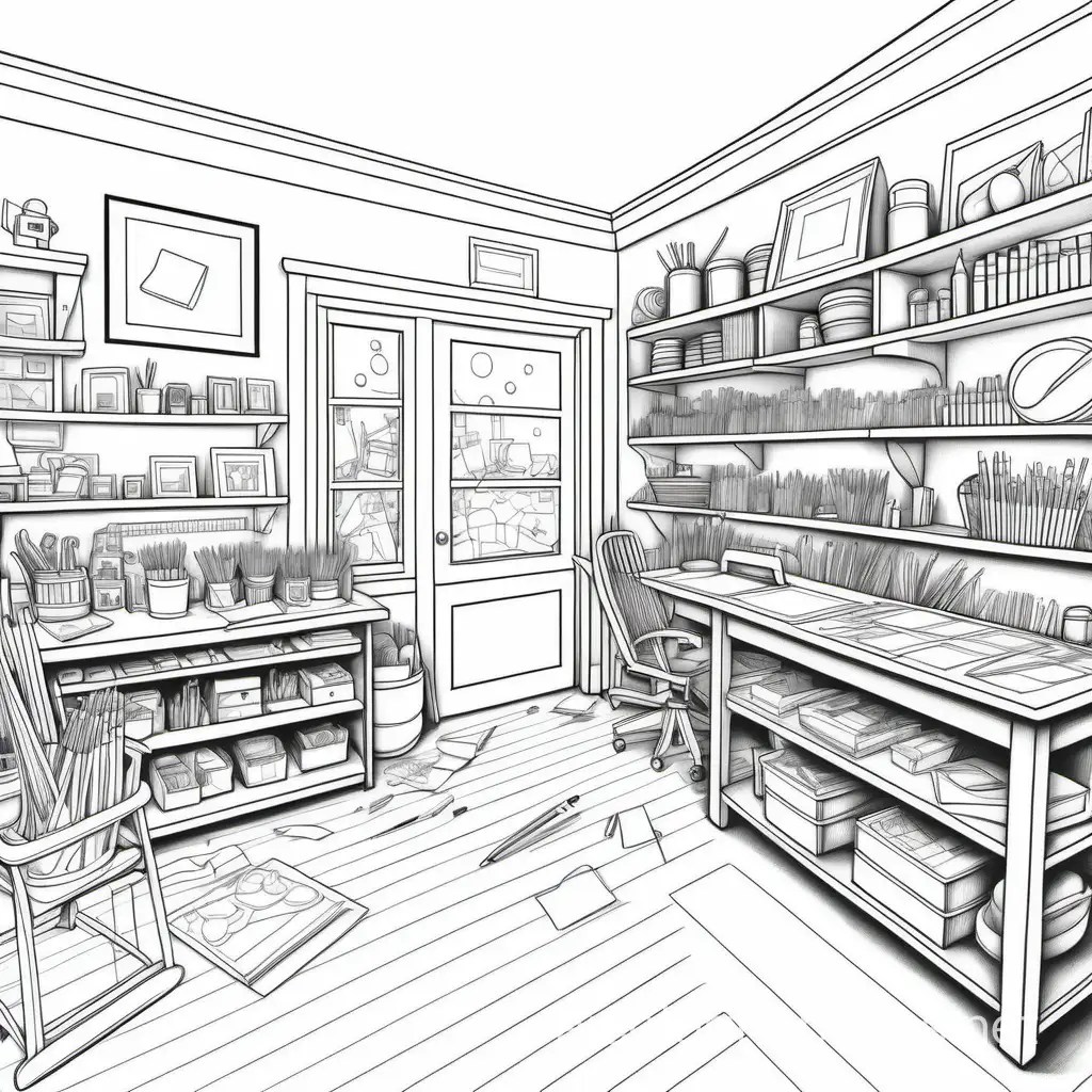Detailed craft room coloring page for kids hd quality line art on white background