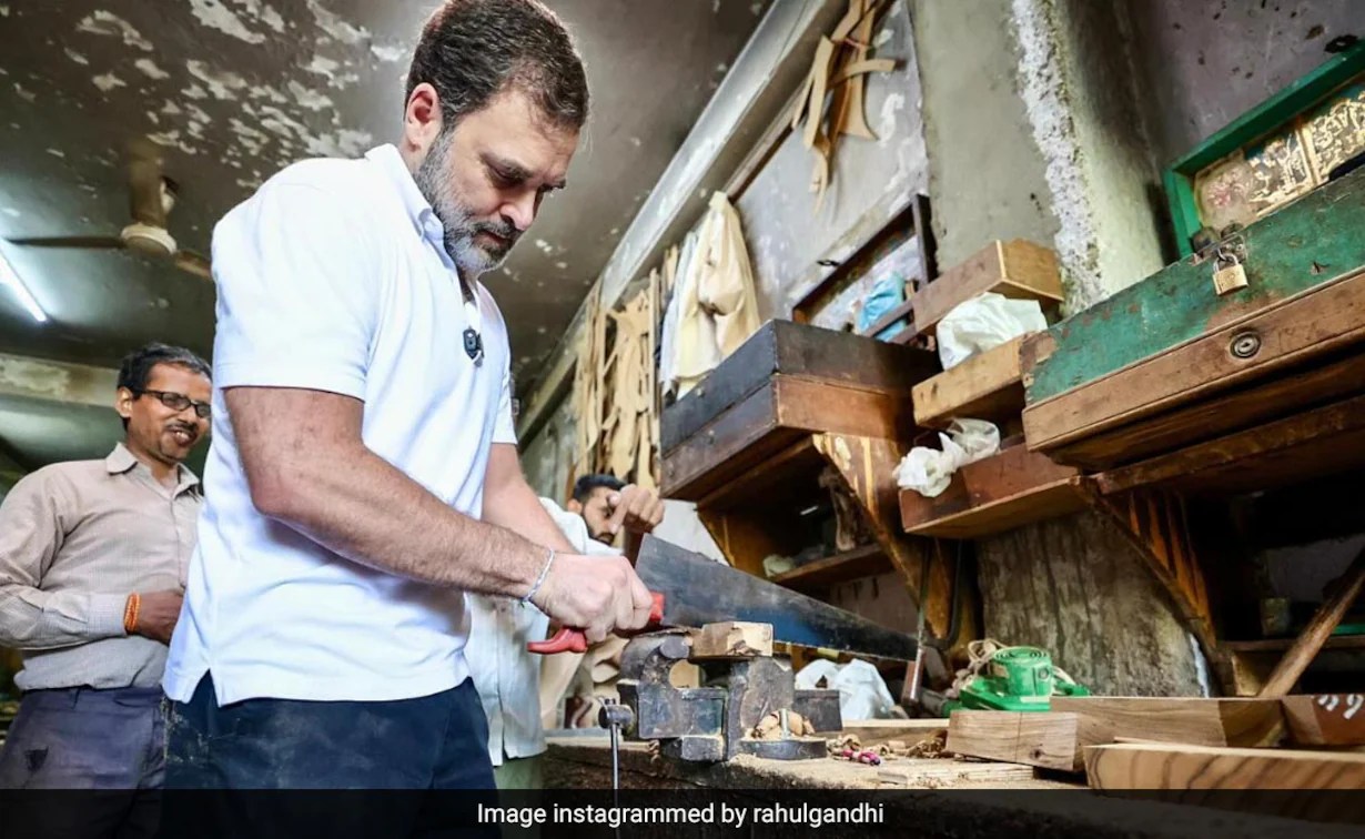 Rahul Gandhi visits Delhis furniture market tries hands at carpentry