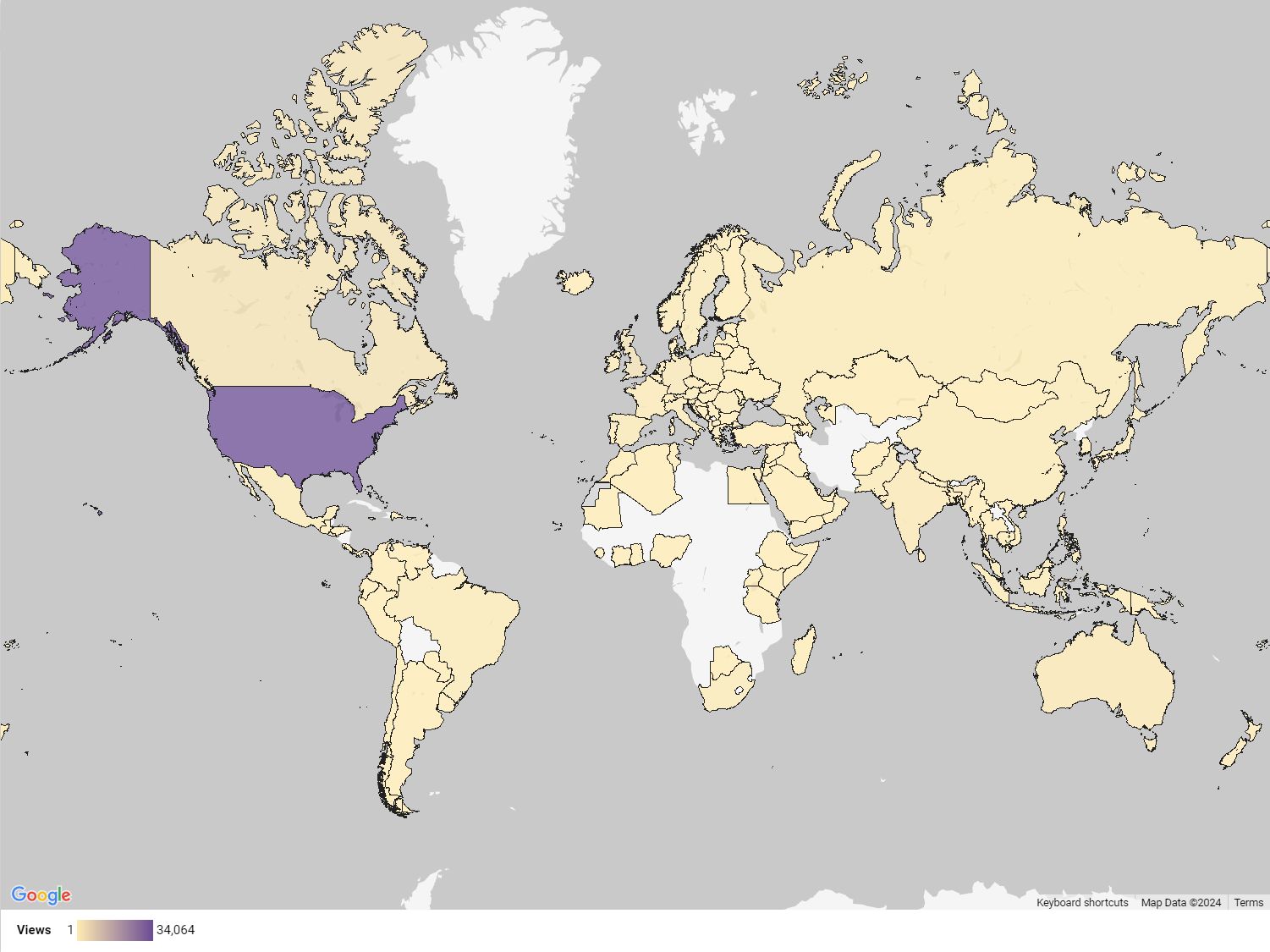 Map visualization showing all countries with any viewers of my blog from last year