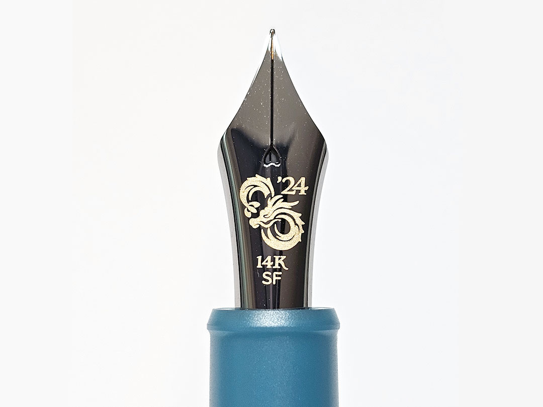 Nib for the platinum 3776 Azure Dragon Wagner collaboration with an asian dragon in a figure eight and '24