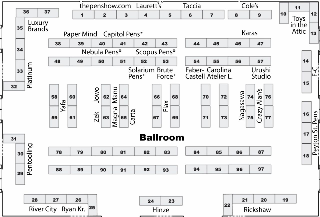 SF Pen Show ballroom map annotated with vendor names next to the tables