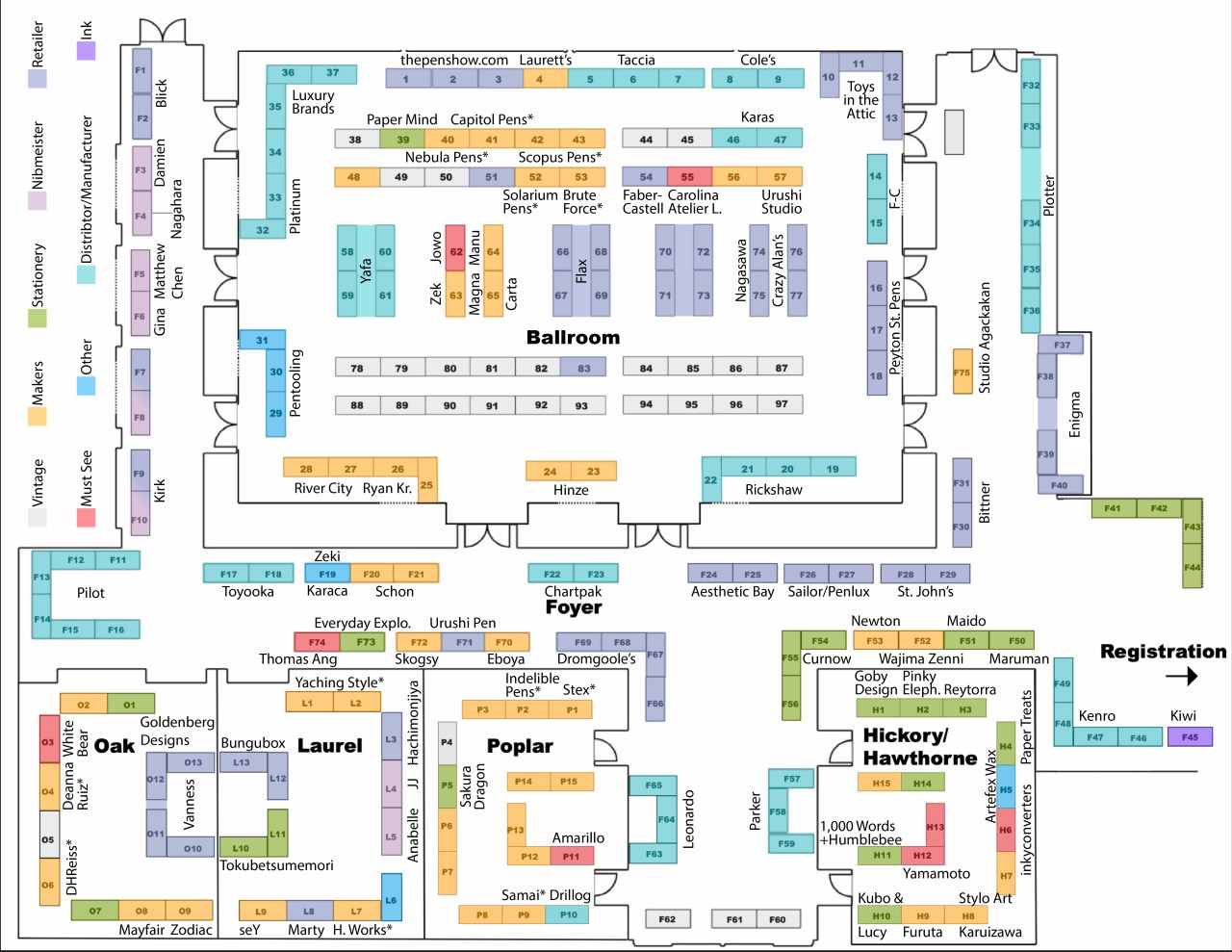 SF Pen Show map annotated with vendor names next to the tables and colors to identify the type of vendor