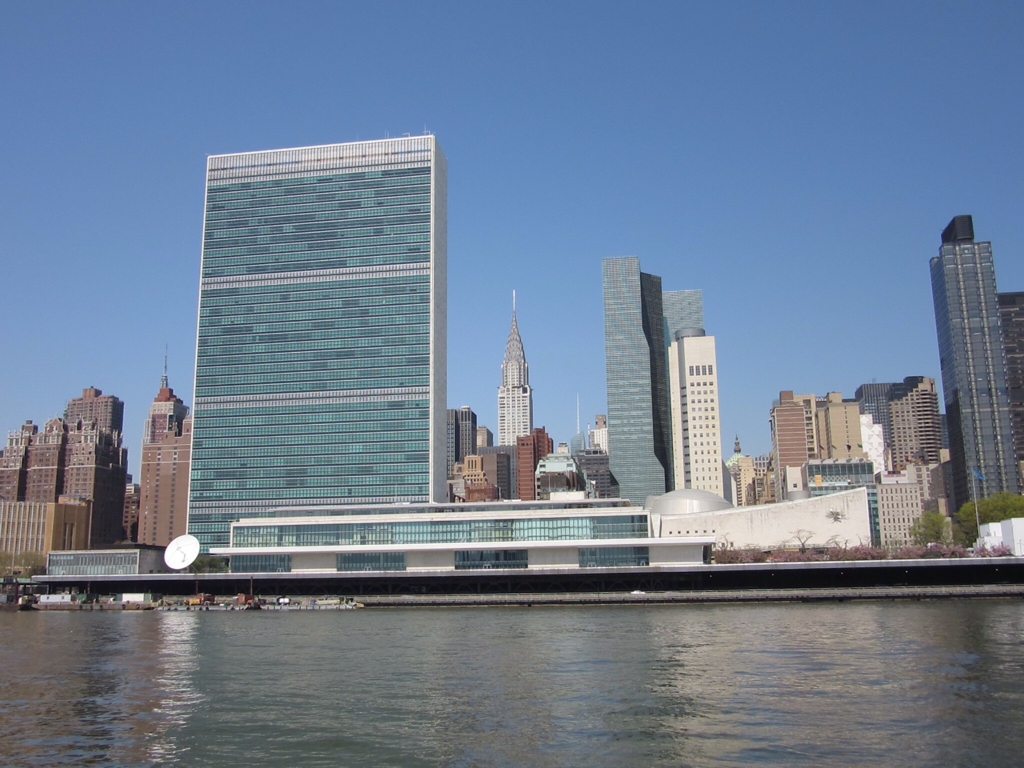 UN Building with the Chrysler Building in the background.