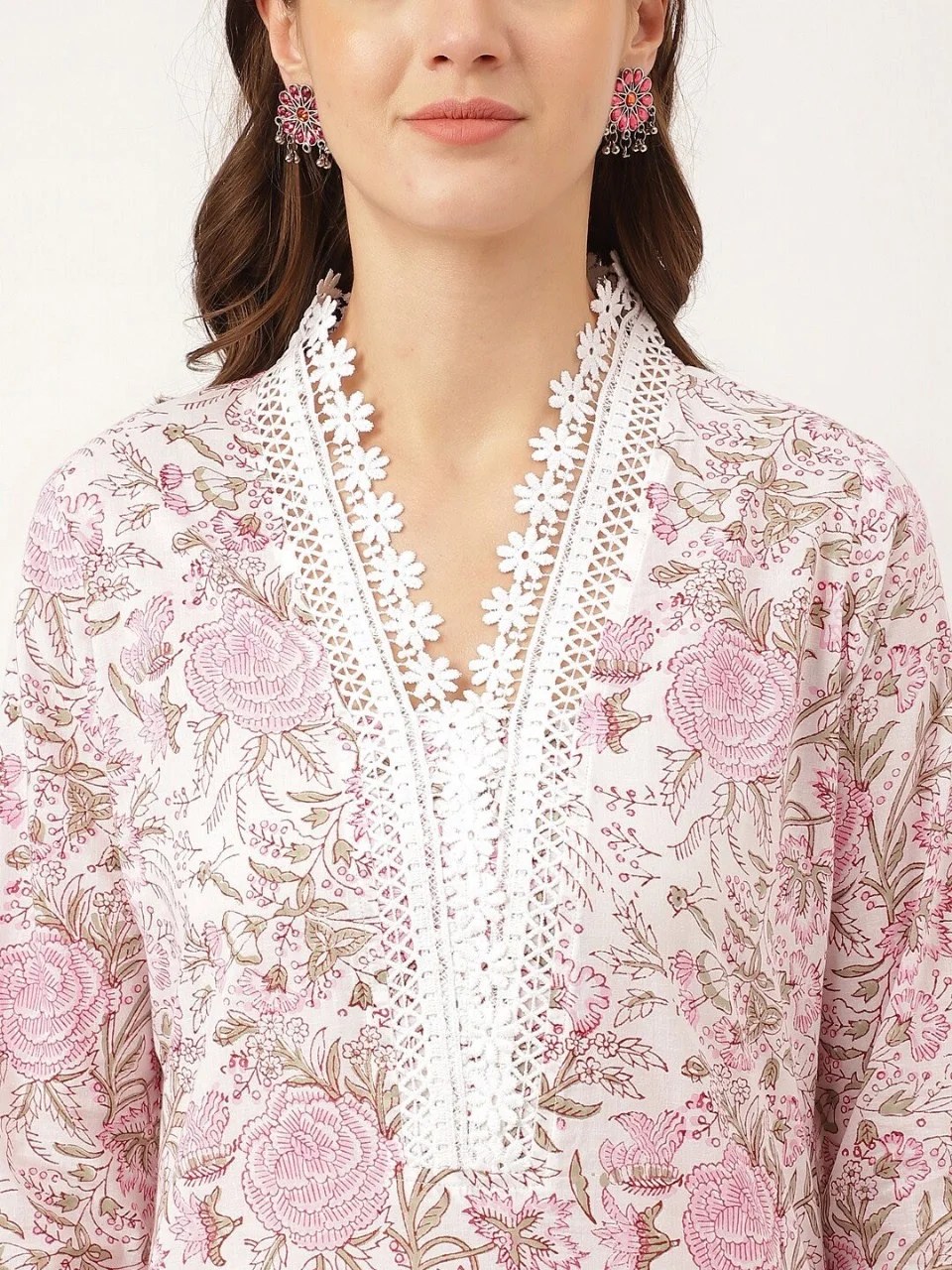 White & pink printed kurta & trousers with dupatta
