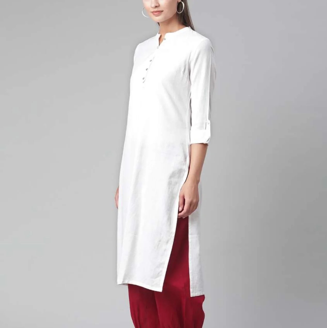 Womens White Roll-Up Sleeves Kurta
