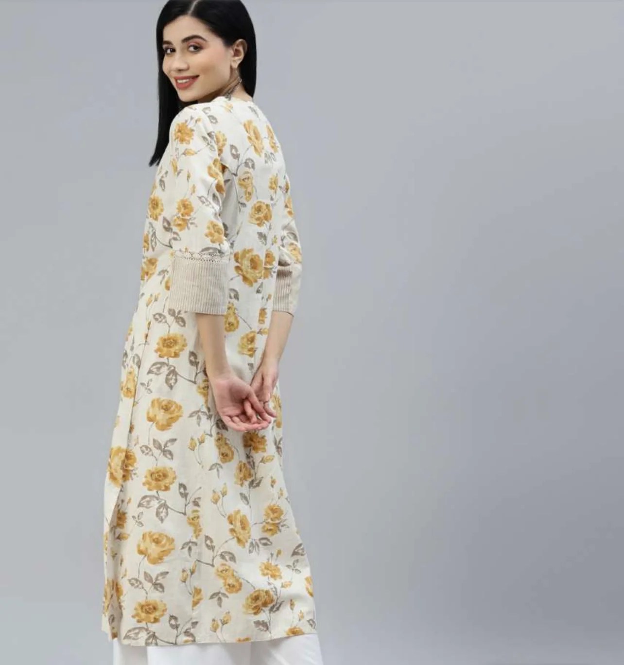 Women Cream-Coloured & Mustard Yellow Floral Printed Floral Kurta